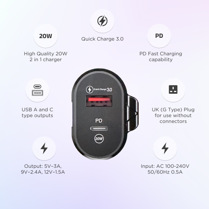 BLACK Power B 2 in 1 Fast Charging Brick 20W with USB A and C, 1Yr warranty BLACK Power B 2 in 1 Fast Charging Brick 20W with USB A and C, 1Yr warranty
